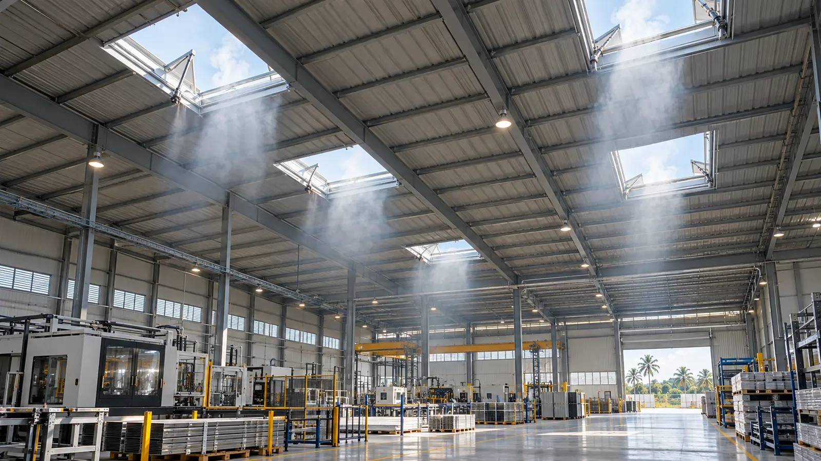 Exutoires de fumées ouverts en toiture d’un bâtiment industriel
