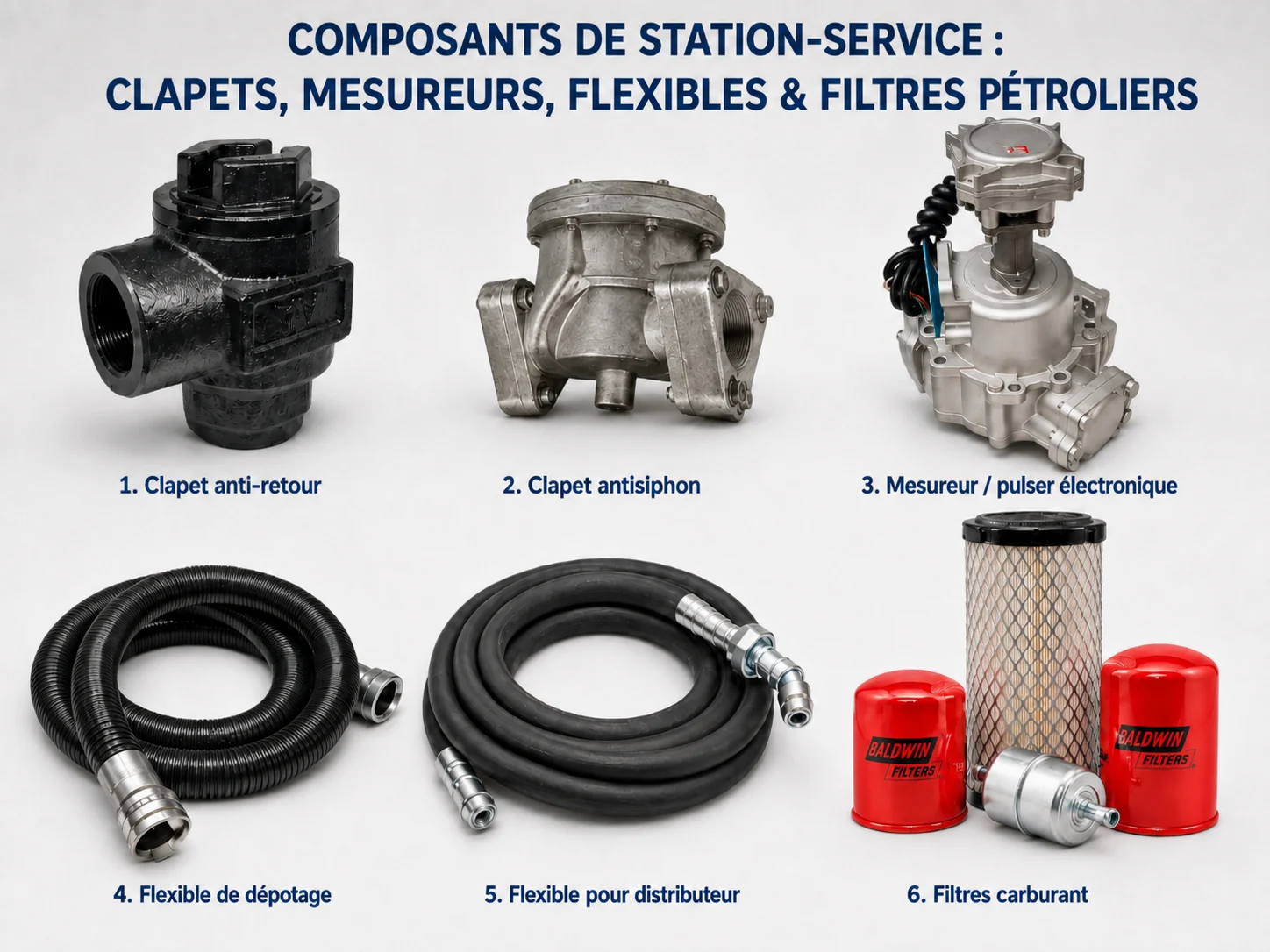Composants de station-service : clapets, mesureurs, flexibles et filtres pétroliers